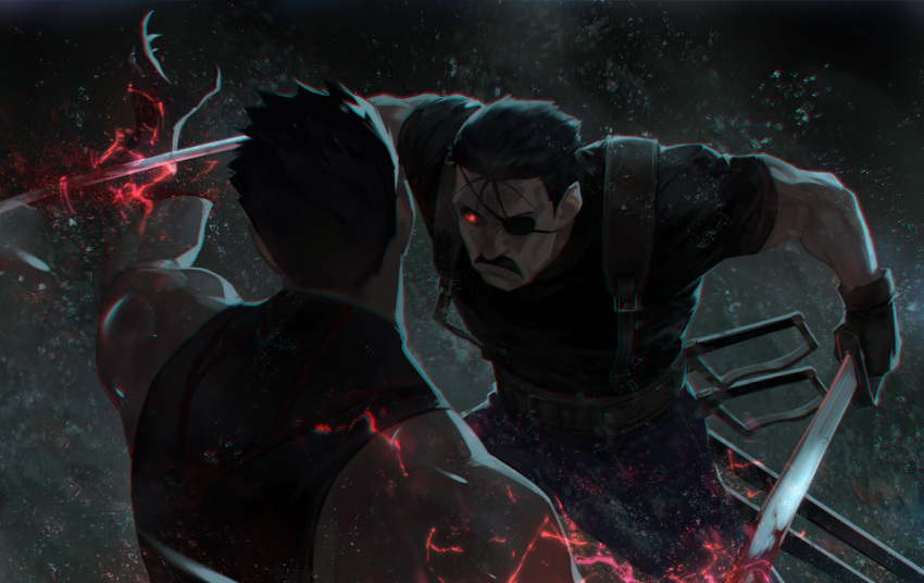 2boys battle black_gloves black_hair black_shirt blood commentary dual_wielding eyepatch facial_hair fullmetal_alchemist gloves glowing glowing_eye greed_(fma) highres holding holding_sword holding_weapon jhc_kai king_bradley male_focus moustache multiple_boys muscular muscular_male pants red_eyes severed_hand shirt short_hair short_sleeves sleeveless sleeveless_shirt suspenders sword weapon