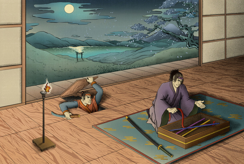 2boys 3rgoproxy among_us architecture black_hair carpet cherry_blossoms commission crewmate_(among_us) east_asian_architecture egasumi floor full_moon highres holding holding_rope holding_weapon impostor_(among_us) japanese_clothes katana kimono kneeling lake moon mountain mountainous_horizon multiple_boys night night_sky nihonga outstretched_arm parody petals ponytail purple_kimono rope seiza shouji sitting sky sliding_doors sword torii trap_door tree ukiyo-e v-shaped_eyebrows weapon wooden_floor