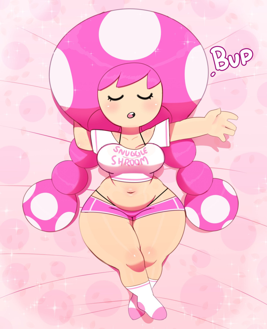 blush breasts closed_eyes clothed clothing dakimakura dakimakura_design dialogue english_text female footwear hair hands_behind_head hi_res humanoid legwear lying mammal mario_bros nintendo not_furry open_mouth pink_background pink_hair simple_background socks solo somescrub sparkles teeth text thick_thighs toad_(mario) toadette wide_hips