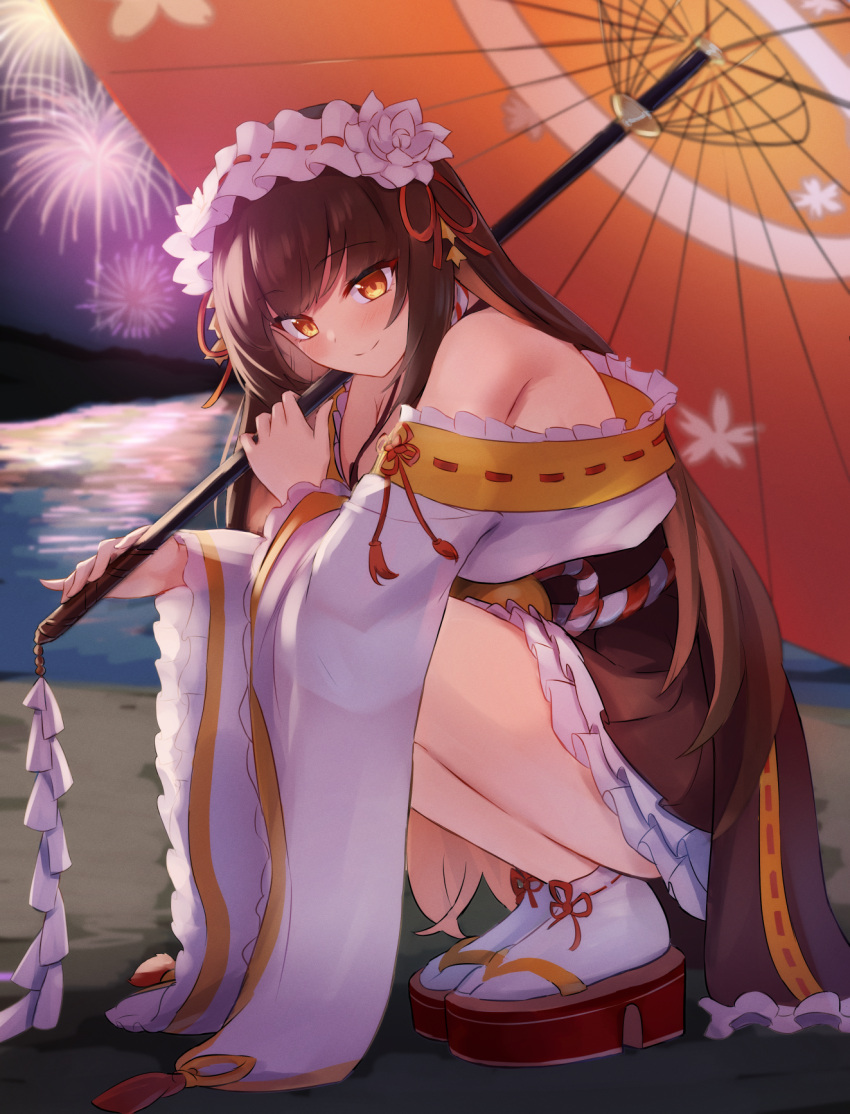 aerial_fireworks afrody bare_shoulders black_dress black_hair commentary_request dress exorcist_miya facing_viewer female fireworks frilled_dress frills guardian_tales hair_ribbon highres holding holding_umbrella long_hair looking_down off-shoulder_dress off_shoulder oil-paper_umbrella red_ribbon ribbon sandals socks solo squatting tabi twintails umbrella white_headdress white_socks wide_sleeves