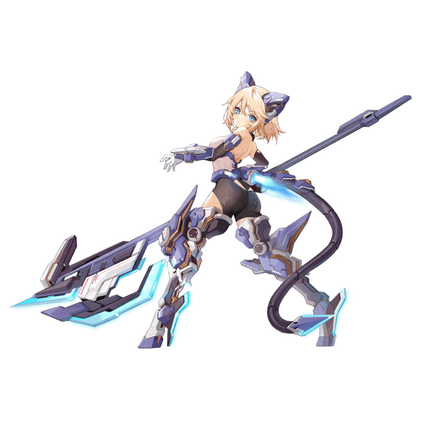 animal_ears armored_boots artery_gear artery_gear:_fusion artist_request axe bare_shoulders battle_axe blonde_hair blue_(artery_gear) blue_eyes boots breasts fake_animal_ears female headgear highres holding holding_axe huge_weapon mechanical_tail medium_breasts medium_hair official_art sidelocks solo tail third-party_source transparent_background weapon