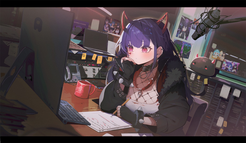 akuma_nihmune akuma_nihmune_(2nd_costume) among_us bao_(vtuber) bao_(vtuber)_(5th_costume) black_bra black_collar black_gloves black_jacket blush bra bracelet breasts coffee_mug collar computer computer_keyboard crewmate_(among_us) cup daikazoku63 demon_horns female fingerless_gloves fishnet_top fishnets fur-trimmed_jacket fur_trim gloves holding holding_pencil horns indie_virtual_youtuber jacket jewelry laptop large_breasts long_hair microphone mole mole_under_eye mug paper pencil purple_hair red_eyes sanagi_yuzu shirt shylily shylily_(1st_costume) solo spiked_bracelet spikes underwear virtual_youtuber white_shirt