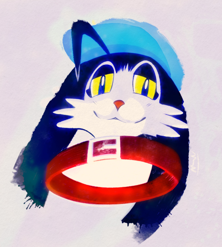 absurd_res anthro bandai_namco big_collar black_body black_fur collar disembodied_head domestic_cat felid feline felis fur hi_res klonoa klonoa_(series) looking_at_viewer looking_down looking_down_at_viewer male mammal moon-watcher oversized_collar smile solo white_body white_fur yellow_eyes