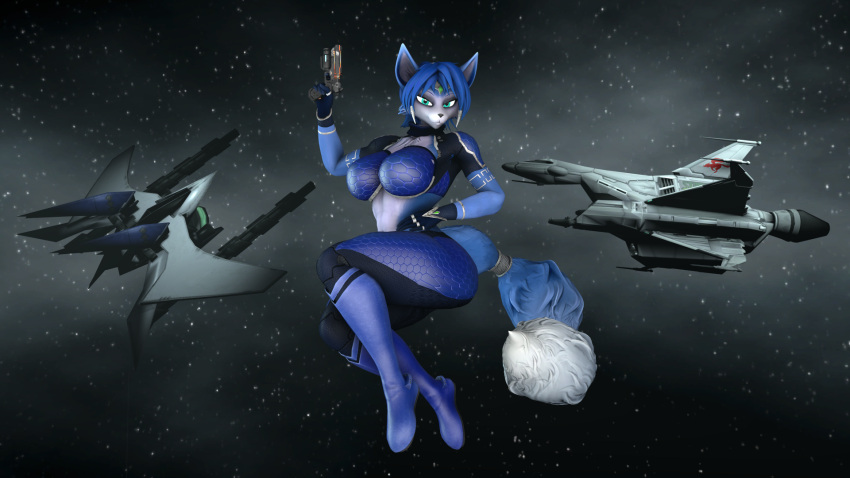 16:9 3d_(artwork) accessory anthro arwing blaster blue_body blue_fur blue_hair blue_tail bodysuit canid canine clothed clothing digital_media_(artwork) female fluffy fluffy_tail fox fur furgonomics great_fox hair hi_res humanoid jewelry krystal_(star_fox) krystal_appreciation_month looking_at_viewer mammal multicolored_body multicolored_ears multicolored_fur multicolored_tail nintendo pinup pose silver_(metal) silver_jewelry skinsuit solo source_filmmaker_(artwork) space star_fox tail tail_accessory tailband thevestige tight_clothing warfare_krystal warfare_machine white_body white_fur white_inner_ear white_tail widescreen