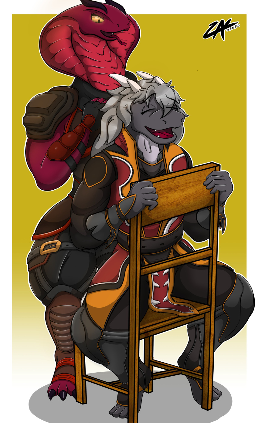 absurd_res anthro armor black_body chair clothing dragon duo furniture grey_hair hair hi_res horn male mythological_creature mythological_scalie mythology on_chair red_body reptile scalie sitting sitting_on_chair snake zak_hitsuji