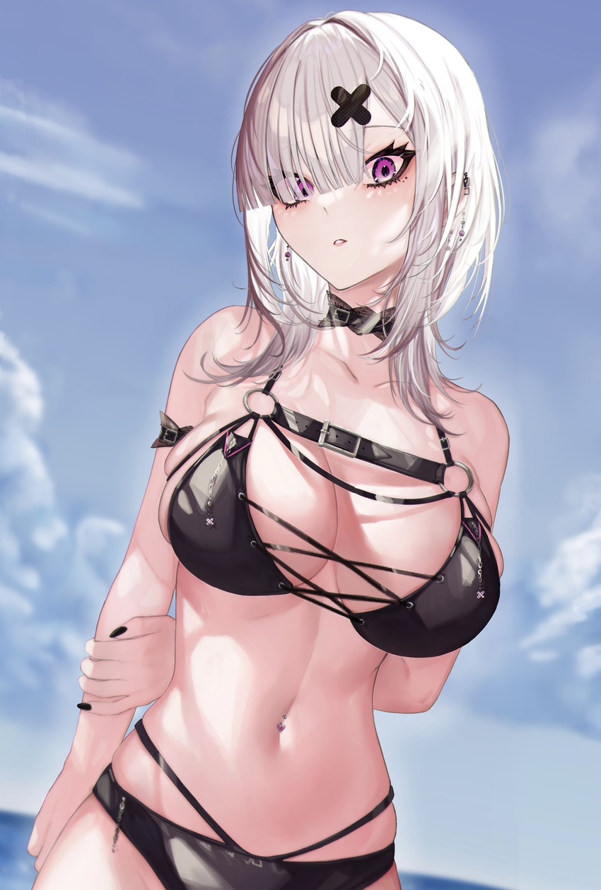 arm_behind_back bare_shoulders belt bikini black_belt black_bikini black_choker blue_sky breasts chest_belt choker cloud cloudy_sky collarbone cowboy_shot ear_piercing earrings female grey_hair gurumyuu hair_ornament hair_over_one_eye highres jewelry large_breasts long_hair looking_at_viewer multi-strapped_bikini_bottom multi-strapped_bikini_top nail_polish navel navel_piercing nijisanji o-ring o-ring_top parted_lips piercing purple_eyes skindentation sky solo sukoya_kana swimsuit virtual_youtuber x_hair_ornament