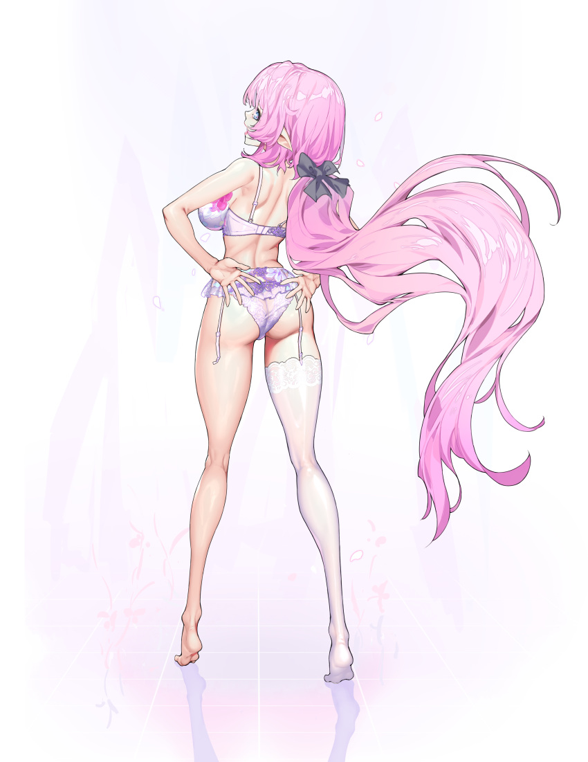 absurdres ass back black_bow blue_eyes bow bra breasts closed_mouth elf elysia_(honkai_impact) female full_body guratan hairbow hands_on_own_hips highres honkai_(series) honkai_impact_3rd kneepits large_breasts lingerie long_hair looking_at_viewer looking_back panties pink_hair pointy_ears reflective_floor single_thighhigh smile soles solo standing thighhighs tiptoes underwear very_long_hair white_bra white_panties white_thighhighs