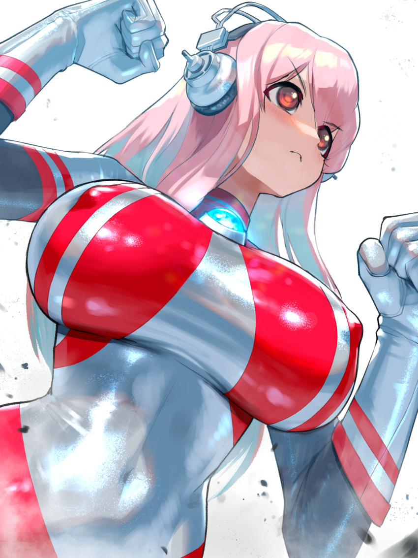 blush bodysuit breasts cosplay female headphones highres large_breasts long_hair nikunopengin nitroplus parody pink_eyes pink_hair skin_tight solo super_sonico tokusatsu ultra_series ultraman ultraman_(cosplay) ultraman_suit