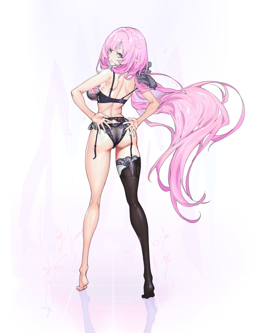 absurdres ass back black_bow black_bra black_panties black_thighhighs blue_eyes bow bra breasts closed_mouth elf elysia_(honkai_impact) female full_body guratan hairbow hands_on_own_hips highres honkai_(series) honkai_impact_3rd kneepits large_breasts lingerie long_hair looking_at_viewer looking_back panties pink_hair pointy_ears reflective_floor single_thighhigh smile soles solo standing thighhighs tiptoes underwear very_long_hair