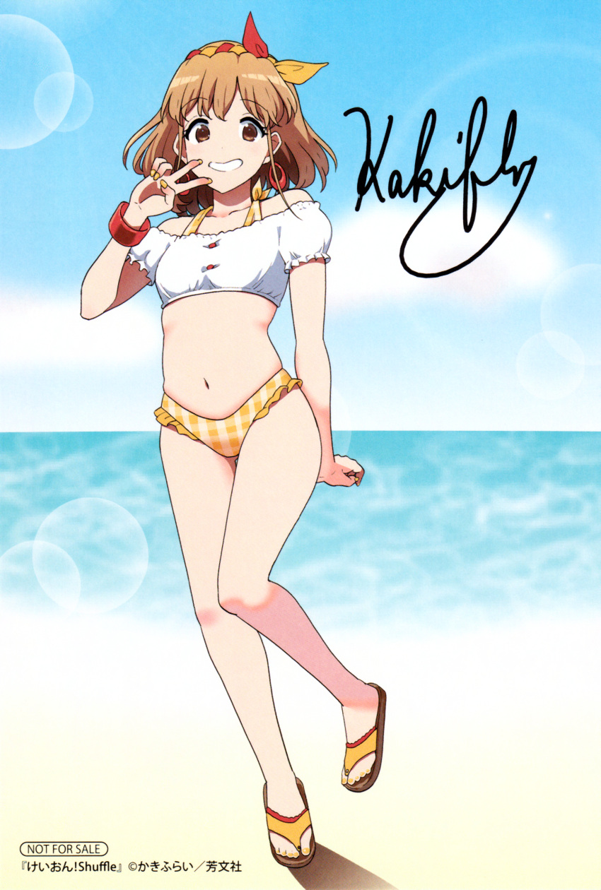 absurdres artist_name bare_shoulders beach bikini bikini_under_clothes blonde_hair blue_sky bracelet breasts brown_eyes checkered_bikini checkered_clothes cloud crop_top day earrings female flip-flops hair_ornament highres jewelry k-on! k-on!_shuffle kakifly leg_up lens_flare looking_at_viewer medium_breasts medium_hair muffin_top nail_polish navel ocean off-shoulder_shirt off_shoulder official_art outdoors sakuma_yukari sand sandals scan shirt signature sky smile solo stomach sunlight swimsuit teeth v water