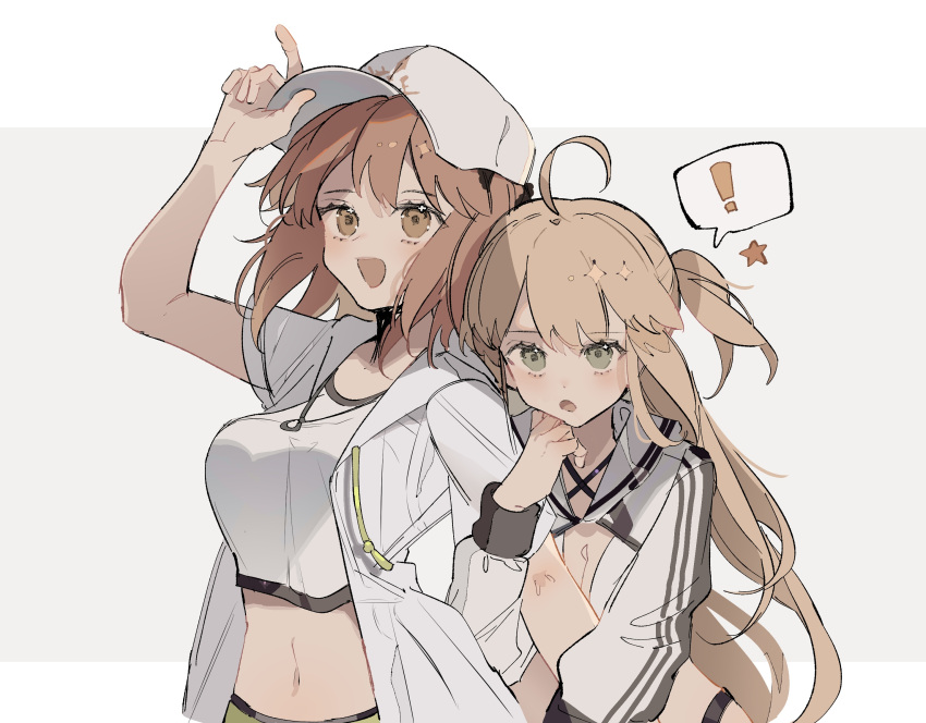 ! 2girls :o ahoge artoria_caster_(fate) artoria_caster_(swimsuit)_(fate) artoria_caster_(swimsuit)_(first_ascension)_(fate) artoria_pendragon_(fate) baseball_cap blonde_hair blush breasts brown_eyes cowboy_shot crop_top drawstring fate/grand_order fate_(series) fujimaru_ritsuka_(female) fujimaru_ritsuka_(female)_(summer_street) grey_jacket hand_up hat highres holding_another's_arm jacket long_hair long_sleeves looking_at_viewer medium_breasts medium_hair midriff multiple_girls navel note_nii one_side_up open_clothes open_jacket open_mouth shirt simple_background smile speech_bubble star_(symbol) white_background white_jacket white_shirt