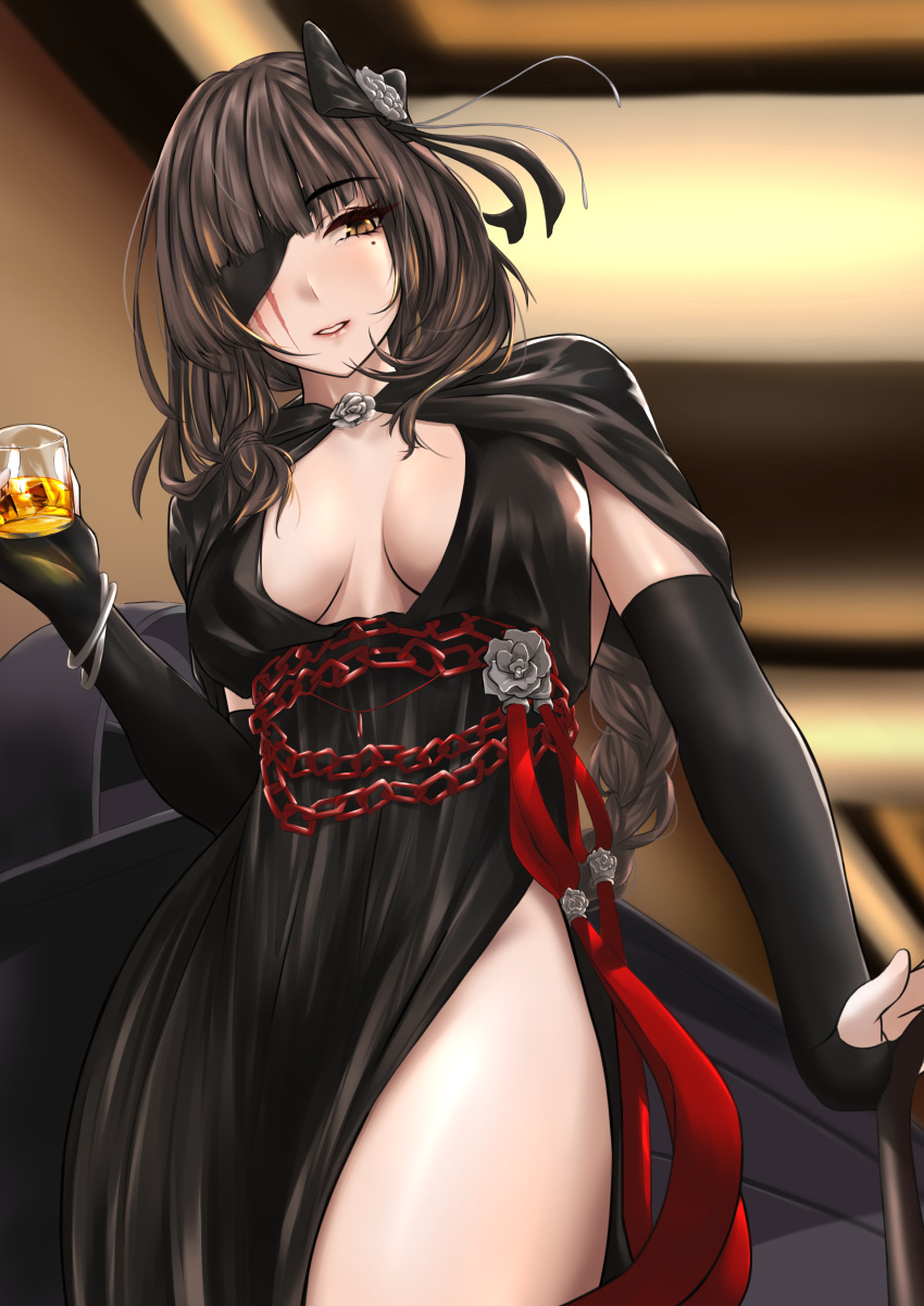 absurdres alcohol alternate_costume black_bow black_dress black_gloves bow bracelet braid braided_ponytail breasts brown_eyes brown_hair cleavage cleavage_cutout clothing_cutout cowboy_shot cup dress drinking_glass elbow_gloves eyepatch female flower girls'_frontline gloves hair_flower hair_ornament hairbow highres holding indoors jewelry long_hair looking_to_the_side m16a1_(blazer_of_the_trail)_(girls'_frontline) m16a1_(girls'_frontline) mole mole_under_eye no_bra one_eye_covered parted_lips partially_fingerless_gloves sam_desu scar scar_across_eye scar_on_face side_slit sleeveless sleeveless_dress solo standing