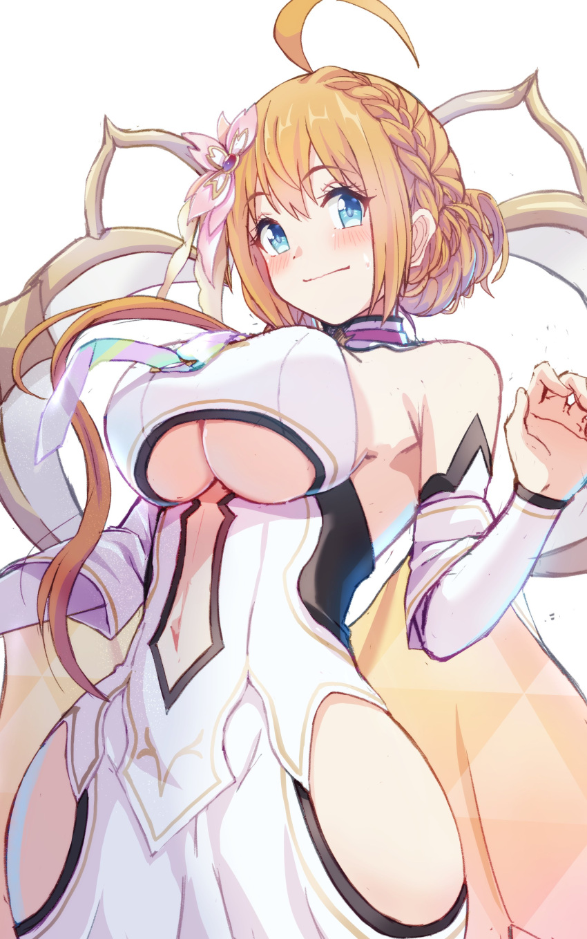 absurdres ahoge armpits blue_eyes braid breasts clothing_cutout cosplay dress female highres hip_vent huge_ahoge large_breasts long_hair navel_cutout orange_hair pecorine_(princess_connect!) princess_connect! rabenga sleeveless sleeveless_dress solo underboob_cutout yui_(astral)_(princess_connect!) yui_(princess_connect!) yui_(princess_connect!)_(cosplay)