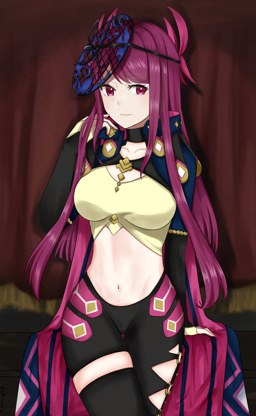 absurdres asymmetrical_pants black_choker black_pants black_thighhighs breasts choker collarbone commentary_request cowboy_shot crop_top curtains facial_mark female fire_emblem fire_emblem_engage hand_up highres ivy_(fire_emblem) large_breasts leggings long_hair long_sleeves looking_at_viewer midriff navel otokajife pants purple_eyes purple_hair sage_outfit_(fire_emblem_engage) shirt shrug_(clothing) single_thighhigh solo standing stomach thighhighs thighs very_long_hair yellow_shirt