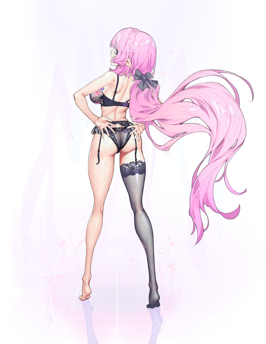 absurdres ass back black_bow black_bra black_panties black_thighhighs blue_eyes bow bra breasts closed_mouth elf elysia_(honkai_impact) female full_body guratan hairbow hands_on_own_hips highres honkai_(series) honkai_impact_3rd kneepits large_breasts lingerie long_hair looking_at_viewer looking_back panties pink_hair pointy_ears reflective_floor single_thighhigh smile soles solo standing thighhighs tiptoes underwear very_long_hair