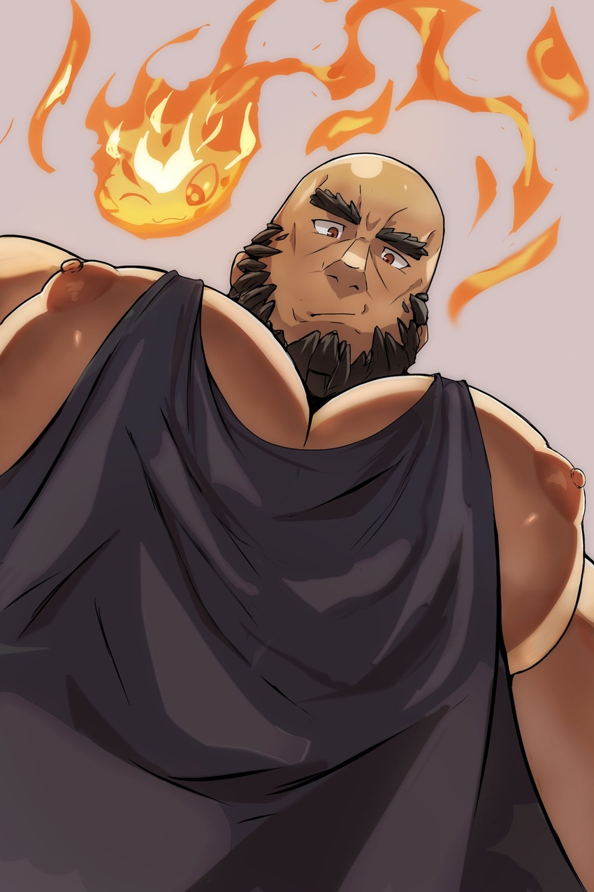 1boy :/ bald bara beard black_tank_top dark-skinned_male dark_skin facial_hair fire foreshortening from_below full_beard highres hitodama huge_pectorals kaeru333938123 looking_at_viewer looking_down male_focus manboobs mature_male meme muscular muscular_male nipple_slip nipples pectoral_cleavage pectoral_focus pectorals photo-referenced prometheus_(housamo) pyrokinesis short_hair sidepec solid_beard solo tank_top thick_beard thick_eyebrows tokyo_afterschool_summoners upper_body yur_oc_like_this_(meme)