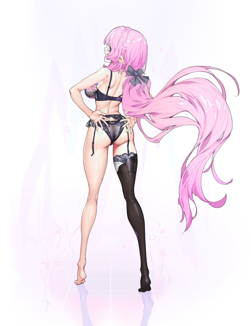 absurdres ass back black_bow black_bra black_panties black_thighhighs blue_eyes bow bra breasts closed_mouth elf elysia_(honkai_impact) female full_body guratan hairbow hands_on_own_hips highres honkai_(series) honkai_impact_3rd kneepits large_breasts lingerie long_hair looking_at_viewer looking_back panties pink_hair pointy_ears reflective_floor single_thighhigh smile soles solo standing thighhighs tiptoes underwear very_long_hair