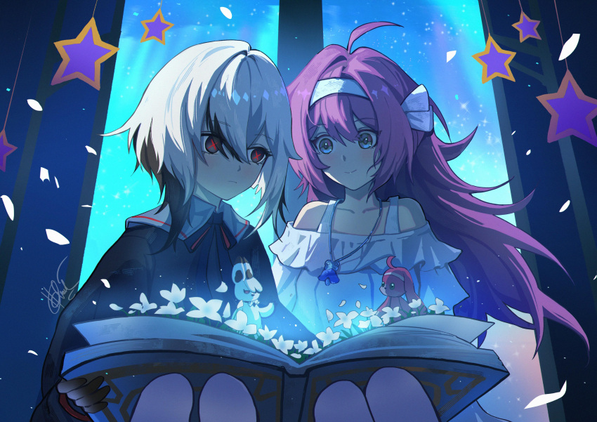 2girls absurdres ahoge arlecchino_(genshin_impact) bare_shoulders black_dress black_eyes black_hair chinnpou clervie_(genshin_impact) commentary dress genshin_impact hairband highres multicolored_hair multiple_girls off-shoulder_dress off_shoulder purple_hair short_hair sitting star_(symbol) streaked_hair symbol-only_commentary white_hair white_hairband