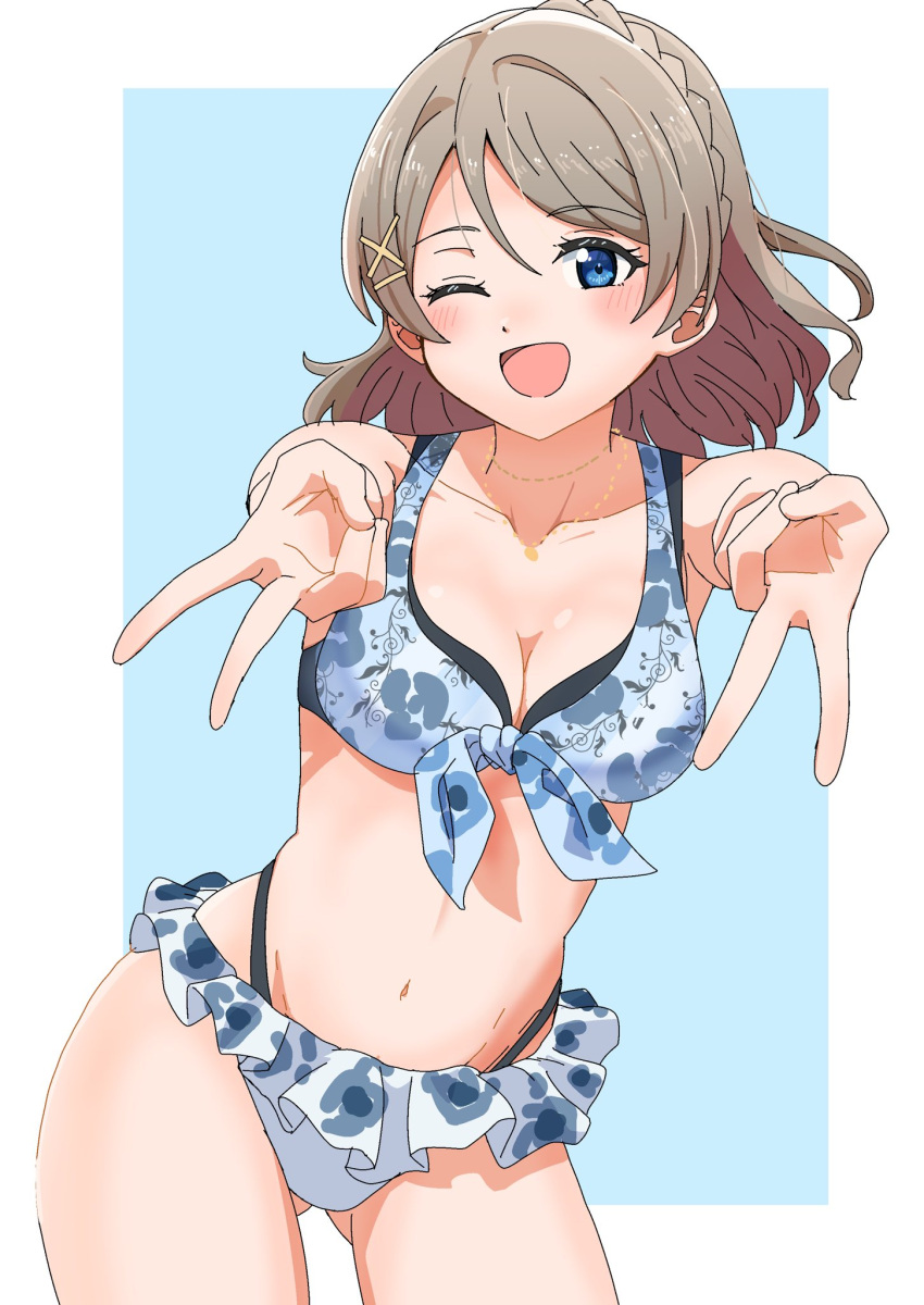 ;d abs ass_visible_through_thighs bikini blue_bikini blue_eyes blush breasts brown_hair cleavage collarbone double_v female frilled_bikini frills front-tie_bikini_top front-tie_top highleg highleg_bikini highres layered_bikini looking_at_viewer love_live! love_live!_sunshine!! one_eye_closed print_bikini short_hair simple_background smile solo stomach swimsuit taiyakippassion thighs v watanabe_you