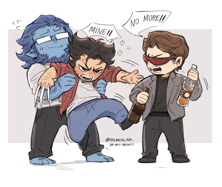 3boys beard beast_(x-men) brown_hair chibi cyclops_(x-men) dreaming_oor drunk facial_hair glasses highres male_focus marvel multiple_boys muscular muscular_male short_hair wolverine_(x-men) x-men