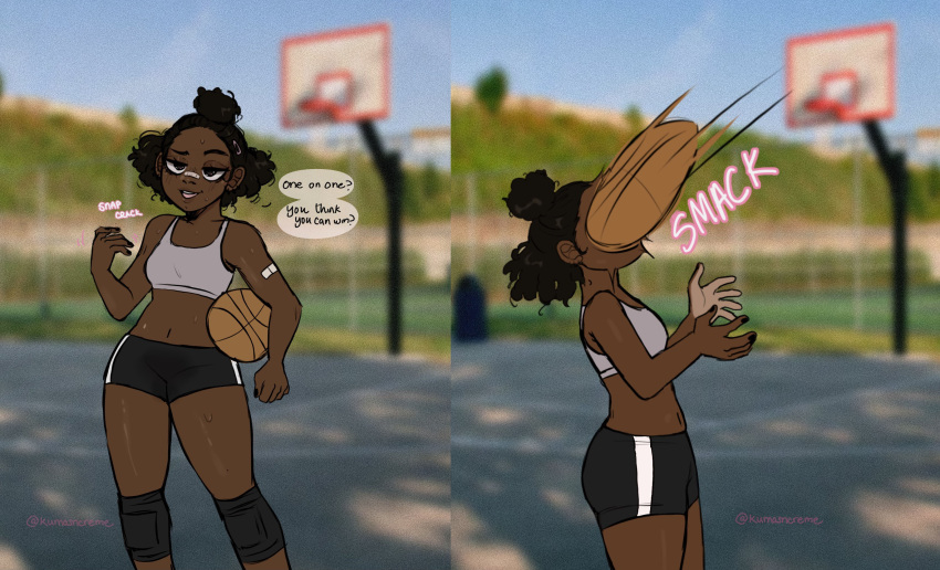 1girls artist_name bandage basketball belly_button black_hair booty_shorts dark-skinned_female dark_hair dark_skin dialogue girlfailure kumasncreme midriff shorts small_breasts solo solo_female sports_bra sweat sweating tagme text