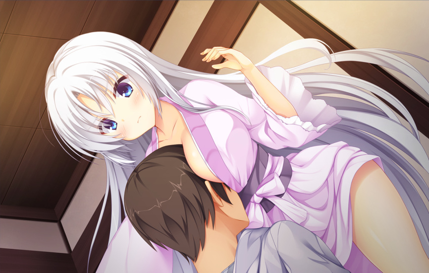 >:( 1boy arichi_masaomi between_breasts blue_eyes blush bow breasts brown_hair closed_mouth collarbone cowboy_shot dutch_angle embarrassed eyes_visible_through_hair female frilled_sleeves frills frown game_cg hair_down hand_up head_between_breasts indoors japanese_clothes kimono kobuichi large_breasts leaning_forward long_hair long_sleeves looking_at_another looking_down non-web_source official_art pajamas parted_bangs pink_bow pink_kimono pink_pajamas senren_banka short_hair solo_focus split_mouth straight straight_hair thighs tomotake_yoshino tsurime v-shaped_eyebrows variant_set very_long_hair white_hair wide_sleeves