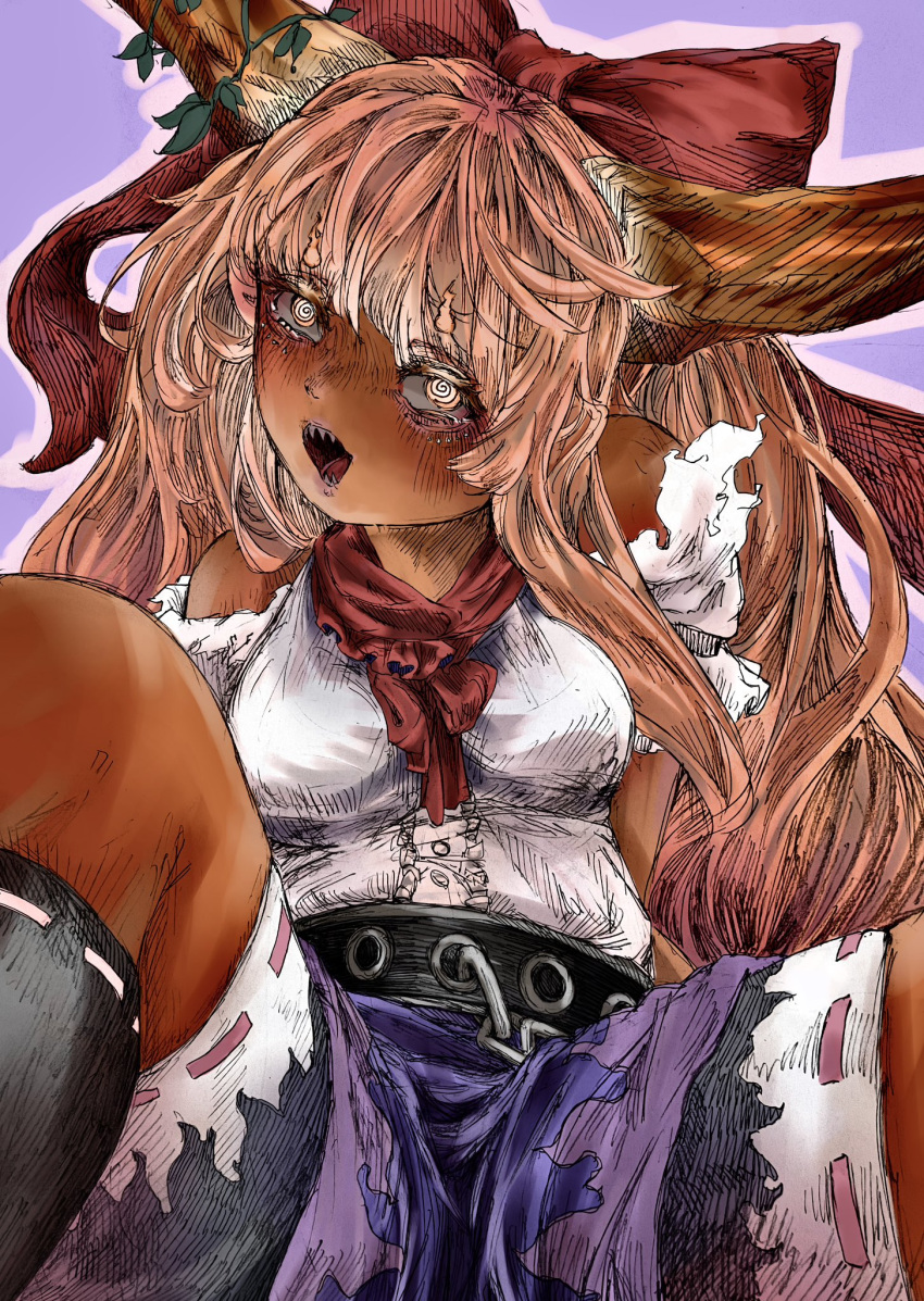 bare_shoulders black_socks bow cuffs dark_skin female foot_out_of_frame hairbow highres horns ibuki_suika orange_hair purple_skirt red_bow red_scarf ribbon-trimmed_skirt ribbon_trim scarf shackles shirt skirt socks torn_clothes touhou umaieokakitai white_shirt