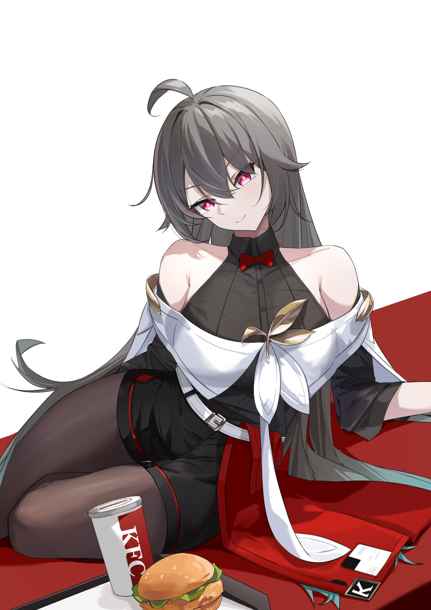 absurdres ahoge alternate_costume armpit_crease bare_shoulders belt black_pantyhose black_shirt black_shorts bow bowtie breasts burger cleavage closed_mouth commentary fast_food female food grey_hair hair_between_eyes highres honkai_(series) honkai_impact_3rd kfc large_breasts lilin_(pixiv_25958194) looking_at_viewer pantyhose pantyhose_under_shorts red_bow red_bowtie red_eyes shirt shorts simple_background sitting smile solo vita_(honkai_impact) white_background white_belt yellow_pupils