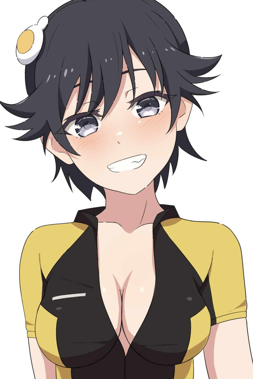 araragi_karen bike_jersey black_eyes black_hair breasts camui1104 cleavage egg_hair_ornament female food-themed_hair_ornament hair_ornament highres large_breasts monogatari_(series) nisemonogatari partially_unzipped simple_background smile solo teeth upper_body white_background