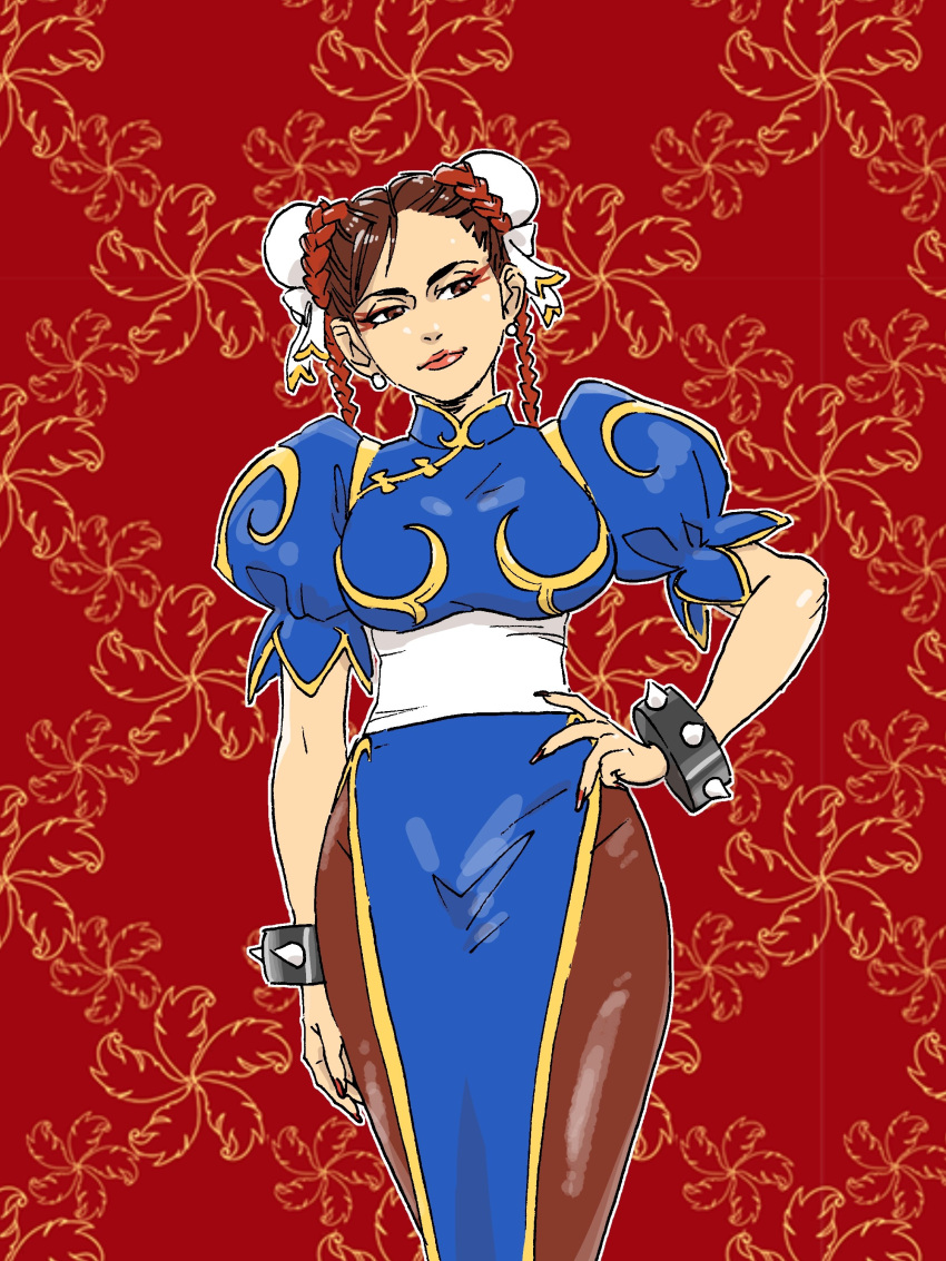 absurdres animification apex_legends black_pantyhose blue_dress bracelet braid brown_hair bun_cover chouson chun-li chun-li_(cosplay) cosplay dress earrings eyeshadow female hair_ribbon hand_on_own_hip highres jewelry loba_(apex_legends) makeup multicolored_hair pantyhose pelvic_curtain puffy_short_sleeves puffy_sleeves red_background red_eyeshadow red_hair red_lips red_nails ribbon short_sleeves smile solo spiked_bracelet spikes street_fighter twin_braids two-tone_hair white_ribbon