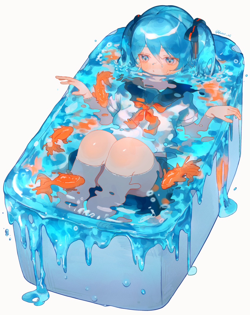 absurdres bathtub blue_eyes blue_hair bottle_miku bow commentary female fish goldfish hairbow hatsune_miku highres in_bathtub kotat_mi long_hair neckerchief overflowing overflowing_bath partially_submerged school_uniform serafuku solo twintails vocaloid water