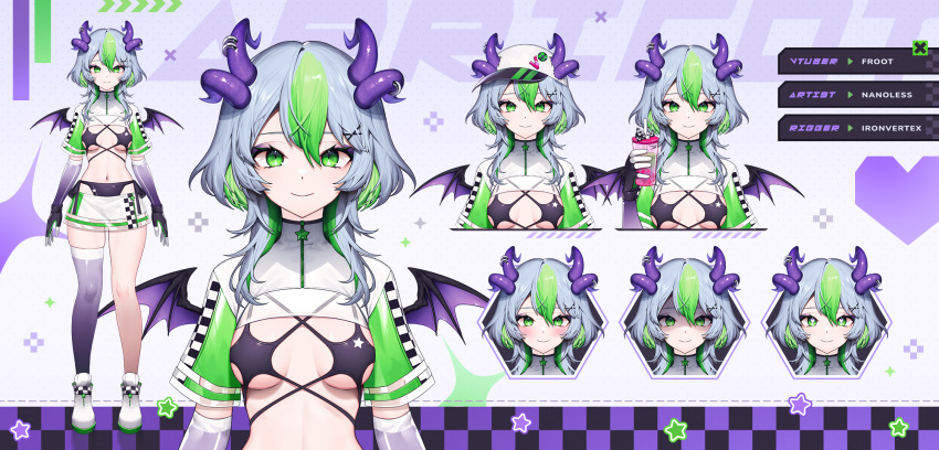 apricot_the_lich apricot_the_lich_(race_queen) artist_name bikini black_bikini checkered_clothes cup demon_girl demon_horns demon_wings eyeshadow female gloves green_eyes green_hair grey_hair hair_ornament highleg highleg_bikini highres holding holding_cup horn_piercing horns horns_through_headwear looking_at_viewer makeup medium_hair miniskirt multicolored_clothes multicolored_gloves multicolored_hair multiple_horns nanoless official_art purple_eyeshadow purple_horns purple_wings race_queen reference_sheet see-through see-through_skirt single_thighhigh skirt smile streaked_hair swimsuit thighhighs virtual_youtuber visor_cap vshojo white_footwear wings x_hair_ornament