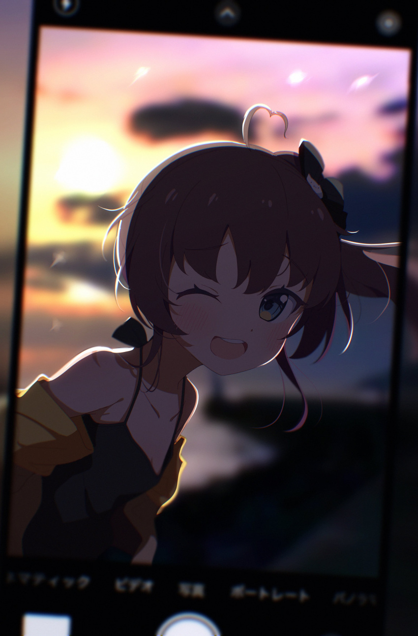 ;d absurdres bare_shoulders black_camisole blue_eyes blurry blurry_background blurry_foreground blush brown_hair camisole cellphone_photo cloud collarbone commentary_request depth_of_field female from_side hair_between_eyes highres hololive jacket long_hair looking_at_viewer looking_to_the_side natsuiro_matsuri off_shoulder okota_mikan one_eye_closed open_clothes open_jacket outdoors side_ponytail sky smile solo sunset teeth upper_teeth_only virtual_youtuber yellow_jacket