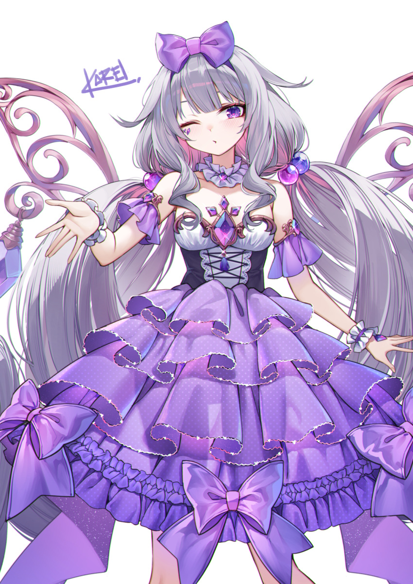 arm_cuffs blowing_kiss blunt_bangs bow breasts collar collarbone commentary corset cowboy_shot cross-laced_clothes cross-laced_corset curry_bowl dress dress_bow english_commentary female frilled_collar frilled_skirt frilled_wrist_cuffs frills grey_hair hairbow highres hololive hololive_english koseki_bijou layered_skirt long_hair medium_breasts multicolored_hair one_eye_closed pink_hair pleated_dress purple_bow purple_dress see-through see-through_skirt simple_background skirt standing strapless strapless_dress twintails two-tone_hair very_long_hair virtual_youtuber white_background white_collar wrist_cuffs