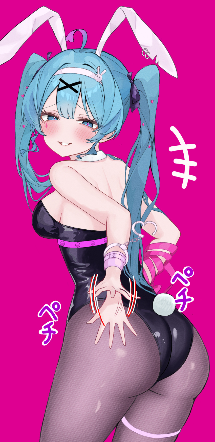 absurdres ahoge ass bare_shoulders blush breasts cuffs earrings eikawa_suru female handcuffs hatsune_miku highres jewelry looking_at_viewer motion_lines playboy_bunny purple_background rabbit_hole_(vocaloid) smug spanking spanking_self translation_request twintails