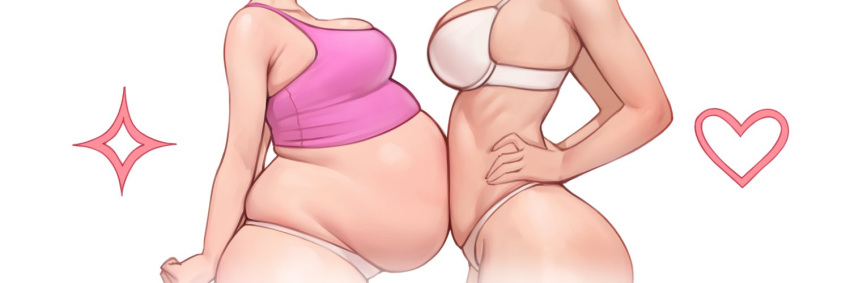 2girls alice_gromova arms_behind_back belly-to-belly bra breasts fat from_side hands_on_own_hips heart medium_breasts multiple_girls original panties ribs simple_background sparkle twitter_banner underwear white_background white_bra white_panties