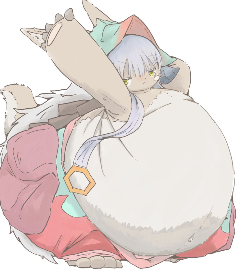 ambiguous_gender anthro belly belly_folds belly_overhang big_belly bottomwear brown_body brown_fur chubby_face clothing feet fur hair hi_res lagomorph lai0n leporid long_hair made_in_abyss mammal morbidly_obese morbidly_obese_anthro nanachi narehate navel obese obese_ambiguous obese_anthro oversized_bottomwear oversized_clothing overweight overweight_ambiguous overweight_anthro pants rabbit solo solo_focus tail white_hair wide_hips yellow_eyes