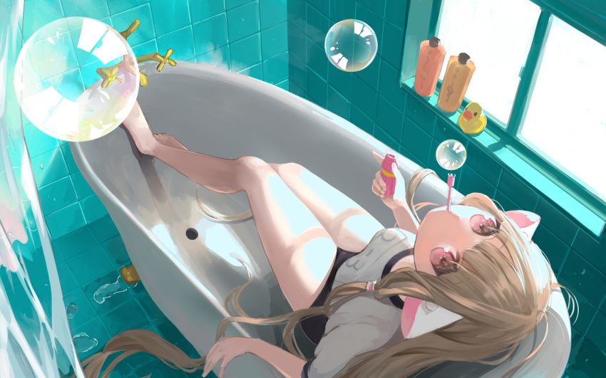 58_(scbaby) barefoot bathroom bathtub blonde_hair breasts bubble chii chobits commentary_request female hair_tubes highres indoors long_hair looking_at_viewer looking_up medium_breasts pink_eyes robot_ears rubber_duck shirt shorts sitting solo very_long_hair