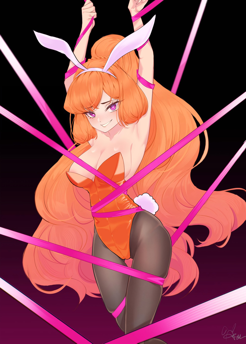 1girls big_breasts bunny_ears bunny_tail cleavage clothing corset female ginger ginger_hair heart-shaped_pupils ishmael_(limbus_company) limbus_company long_hair looking_at_viewer orange_hair pink_eyes ponytail project_moon restrained sideboob upscaled