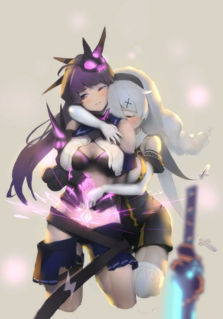 2girls black_dress blurry blurry_foreground braid breasts brown_background cleavage_cutout closed_eyes closed_mouth clothing_cutout dress elbow_gloves gauntlets gloves glowing headband highres honkai_(series) honkai_impact_3rd hug hug_from_behind katana kiana_kaslana kiana_kaslana_(divine_prayer) mask medium_breasts multiple_girls nun one_eye_closed pleated_skirt ponytail purple_eyes purple_hair purple_skirt raiden_mei raiden_mei_(lightning_empress) simple_background skirt sword thighhighs tjf_(513274409) torn_clothes torn_skirt twin_braids weapon white_gloves white_hair white_thighhighs yuri