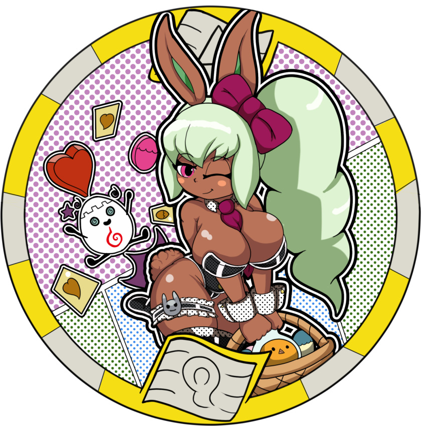 bunny_mint dark_skin easter_egg egg green_hair happy_easter highres one_eye_closed playboy_bunny rabbit_tail self-upload tail youkai_medal youkai_watch zerotaichi