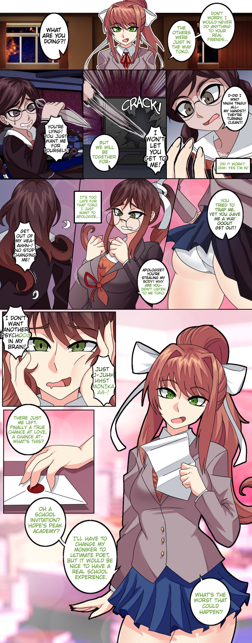 2girls absurdres ass black_shirt blue_skirt bow breasts broken_screen brown_jacket corruption crossover crying danganronpa_(series) doki_doki_literature_club english_text erasethismail fukawa_toko glasses green_eyes hair_intakes hairbow hands_on_own_cheeks hands_on_own_face highres holding holding_knife jacket knife medium_breasts mole mole_under_eye monika_(doki_doki_literature_club) monitor multiple_girls open_hand panties ponytail possessed round_eyewear sailor_collar shirt skirt speech_bubble transformation underwear white_bow white_panties white_sailor_collar