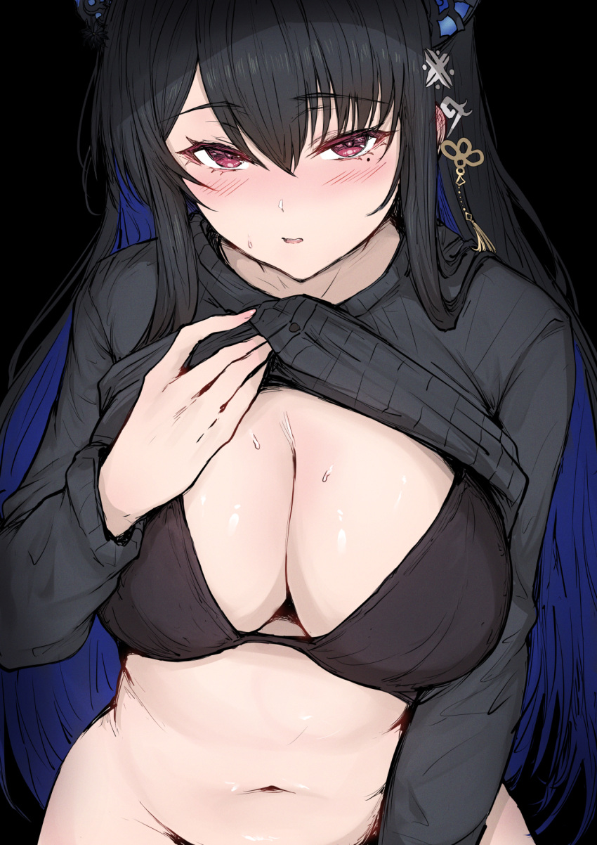 alternate_costume black_background black_bra black_sweater bra breasts cleavage clothes_lift colored_inner_hair demon_horns female highres hololive hololive_english horns large_breasts lifting_own_clothes long_hair looking_at_viewer mole mole_under_eye multicolored_hair navel nerissa_ravencroft red_eyes sak1_01 solo sweater sweater_lift underwear very_long_hair virtual_youtuber