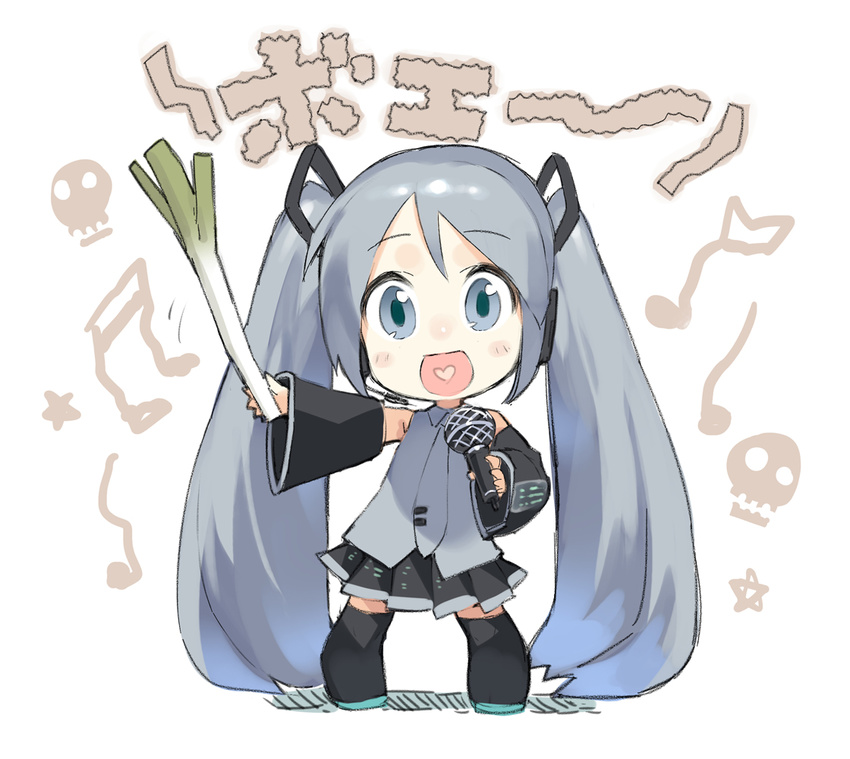 aqua_eyes aqua_hair chibi commentary_request detached_sleeves female hatsune_miku heart heart_in_mouth long_hair microphone music musical_note necktie open_mouth photoshop_(medium) singing skirt skull smile solo spring_onion thighhighs twintails very_long_hair vocaloid yasu zettai_ryouiki