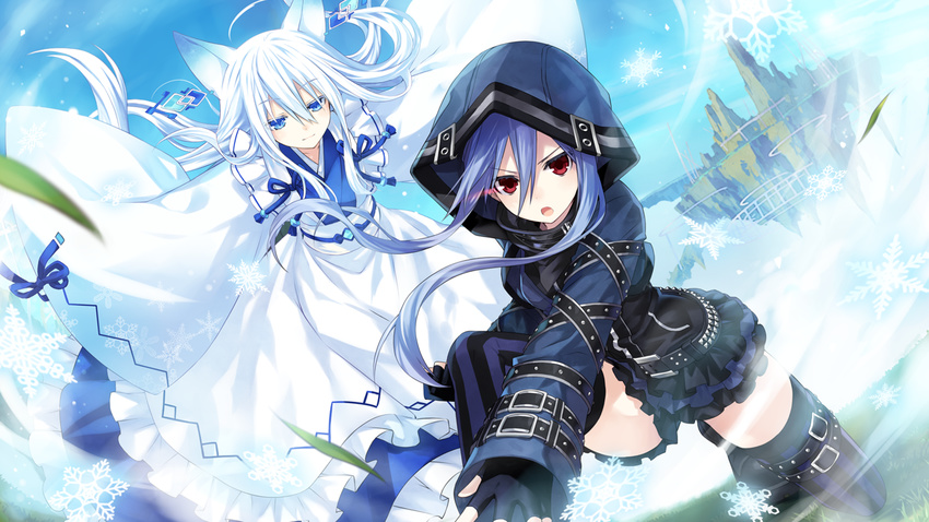 2girls animal_ears arm_belt black_legwear blue_eyes boots dutch_angle effole_(fairy_fencer_f) fairy_fencer_f fingerless_gloves floating_island fox_ears frilled_skirt frills game_cg gloves glowing glowing_eye grass hood karin_(fairy_fencer_f) multiple_girls official_art on_one_knee open_mouth purple_hair red_eyes ribbon sidelocks skirt sleeves_past_wrists snowflakes thigh_boots thighhighs tsunako white_hair wide_sleeves