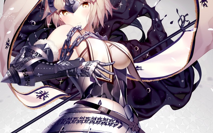 abstract_background armor armored_dress armpit_peek armpits atha_(leejuiping) banner bare_shoulders blonde_hair blush braid breasts chains christmas closed_mouth commentary_request cosplay fate/grand_order fate_(series) female from_below fur_trim gauntlets headpiece jeanne_d'arc_(fate) jeanne_d'arc_(third_ascension)_(fate) jeanne_d'arc_(third_ascension)_(fate)_(cosplay) jeanne_d'arc_alter_(avenger)_(fate) jeanne_d'arc_alter_(fate) large_breasts long_hair looking_at_viewer looking_down medium_breasts pouch single_braid sleeveless solo upper_body yellow_eyes