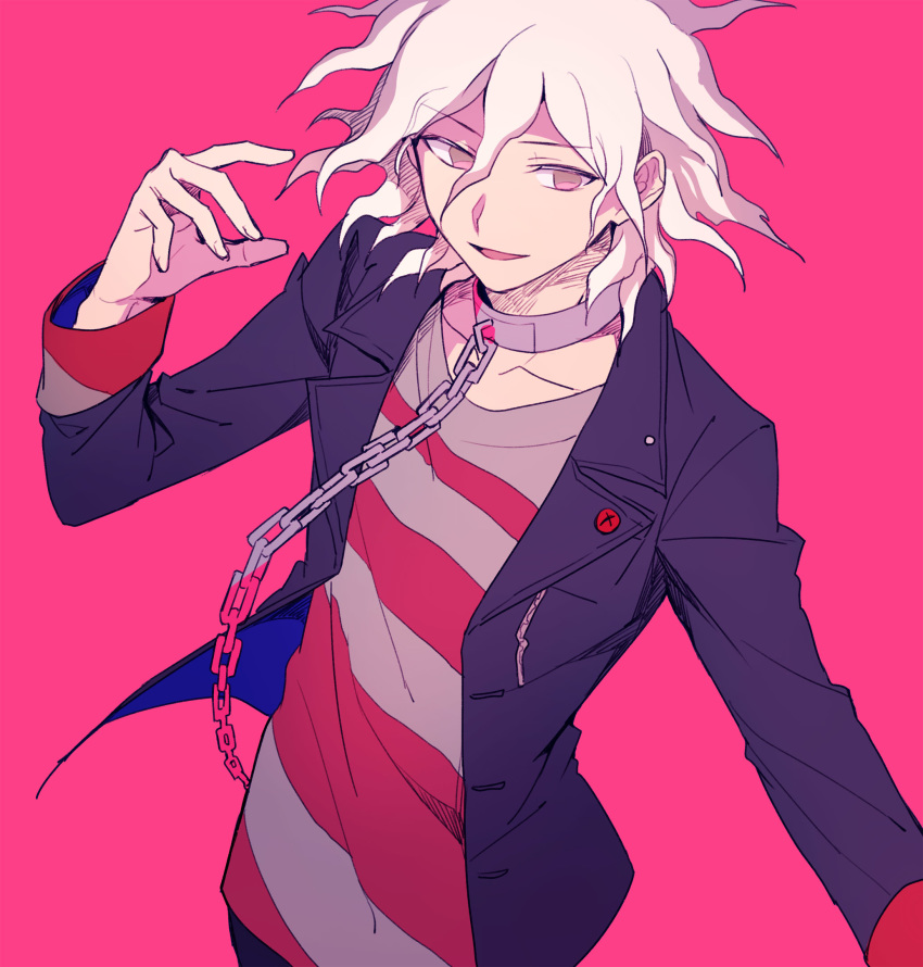 1boy aokiku arm_up black_jacket chained chains chains collar collarbone commentary_request danganronpa eyebrows_visible_through_hair hair_between_eyes highres jacket komaeda_nagito looking_to_the_side medium_hair multicolored_shirt open_clothes open_jacket open_mouth out_of_frame pink_background pink_eyes shirt simple_background solo striped striped_shirt super_danganronpa_2 upper_body white_hair