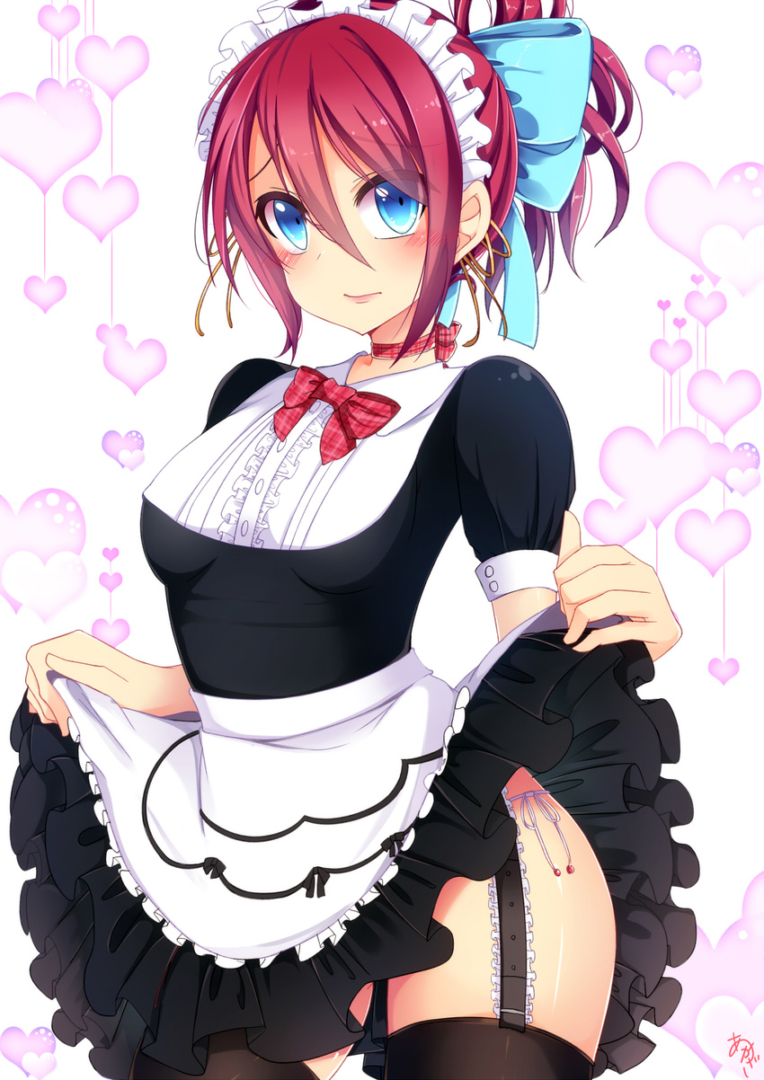 apron black_thighhighs bloodcatblack blue_bow blue_eyes bow bowtie breasts center_frills choker closed_mouth clothes_lift commentary_request cowboy_shot dress dress_lift eyebrows female frilled_apron frilled_dress frills garter_straps hair_between_eyes hairbow heart highres lifting_own_clothes long_hair looking_at_viewer maid maid_headdress medium_breasts panties phantasy_star phantasy_star_online_2 plaid plaid_bow plaid_bowtie ponytail red_bow red_bowtie red_hair short_sleeves side-tie_panties signature solo thighhighs underwear upskirt waist_apron white_apron white_background white_panties yasaka_hitsugi