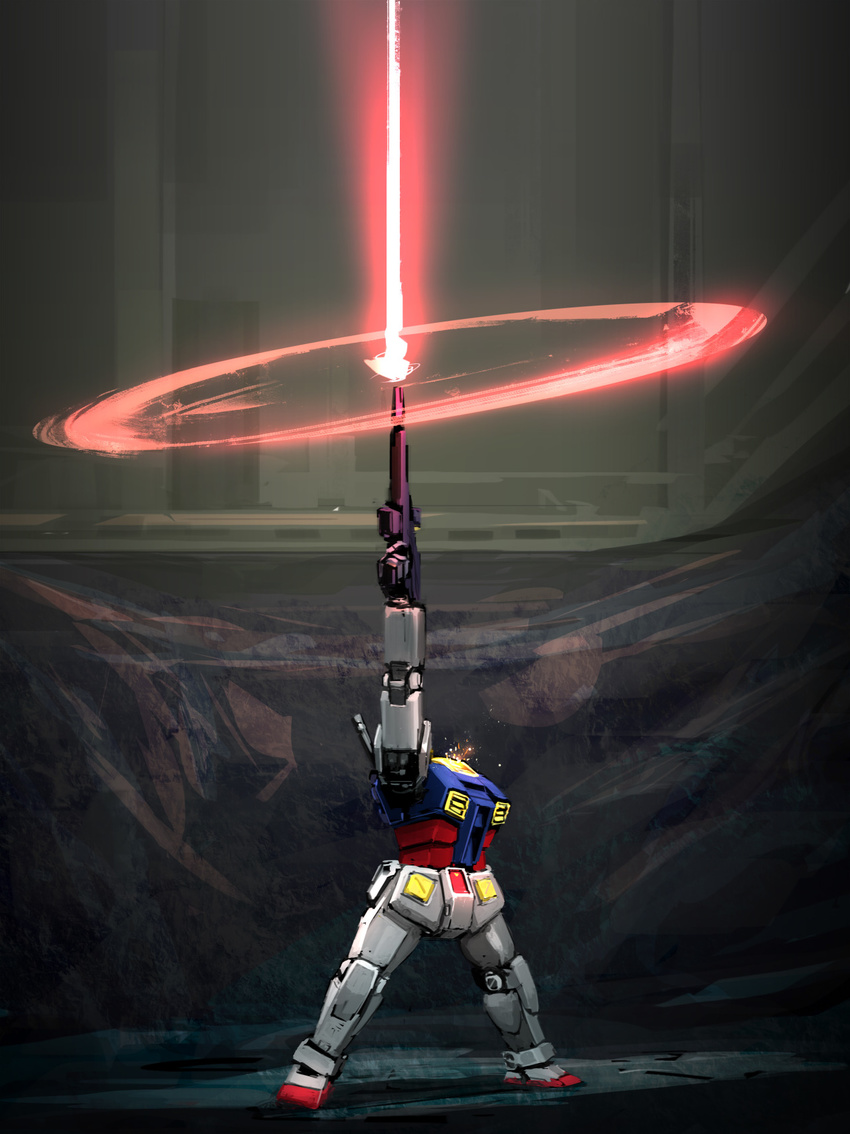 beam_rifle commentary damaged energy_gun firing gundam headless highres ksenolog last_shooting mecha mobile_suit_gundam no_humans realistic rx-78-2 science_fiction solo spoilers weapon