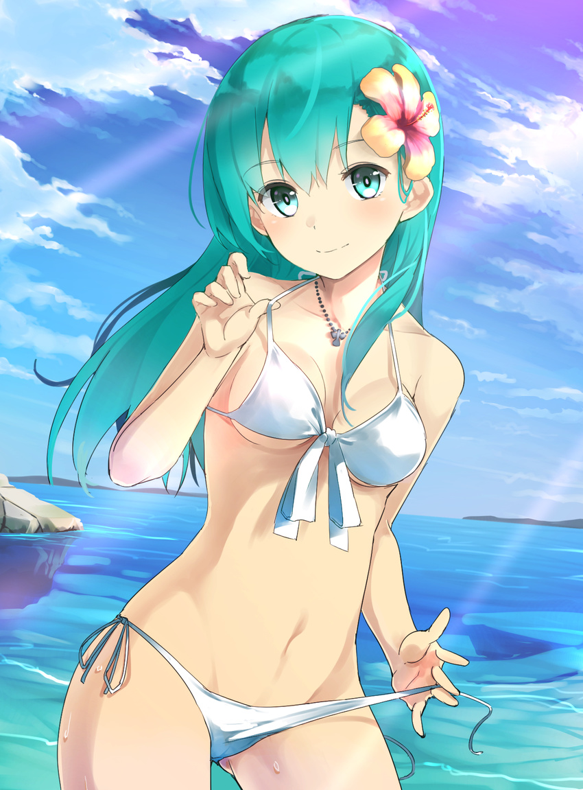 aqua_eyes aqua_hair bad_id bad_pixiv_id bikini blue_sky blush cloud collarbone contrapposto cowboy_shot day female flower hair_flower hair_ornament hairclip hibiscus highres jewelry kantai_collection light_smile long_hair looking_at_viewer max_melon navel necklace ocean outdoors side-tie_bikini_bottom sky solo standing strap_lift sunlight suzuya_(kancolle) swimsuit untied_bikini white_bikini